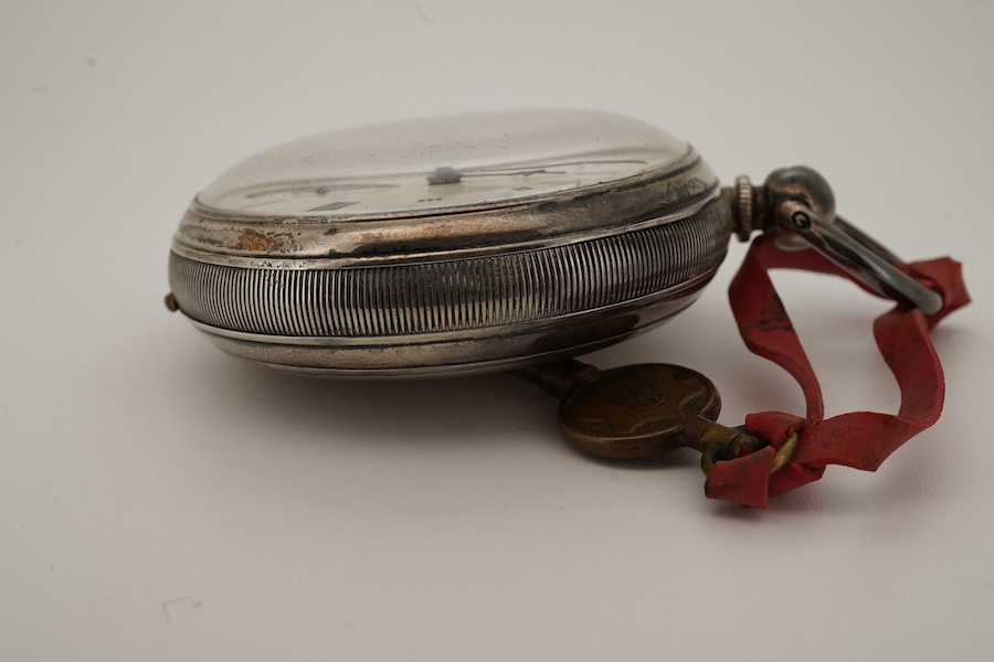 A Victorian silver open faced key wind pocket watch, by Charles Calow of Rochdale, with Roman dial and subsidiary seconds, the signed movement numbered 30716, with key. Condition - fair